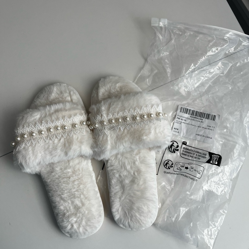 White Furry Slippers with Pearl Detail